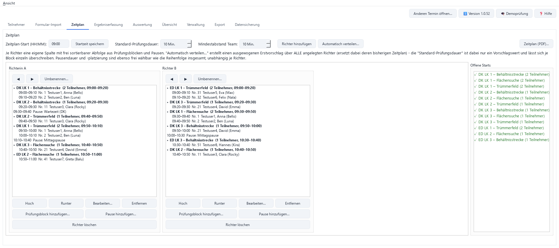 Zeitplan mit zwei Leistungsrichtern und der Liste offener Starts